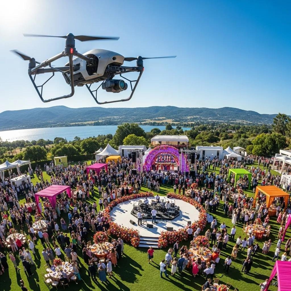 Aerial view of an outdoor event captured by a drone, showcasing the venue and guests