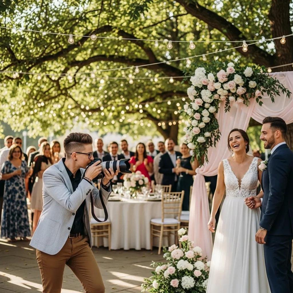 Event photographer capturing a wedding moment outdoors with guests enjoying the celebration