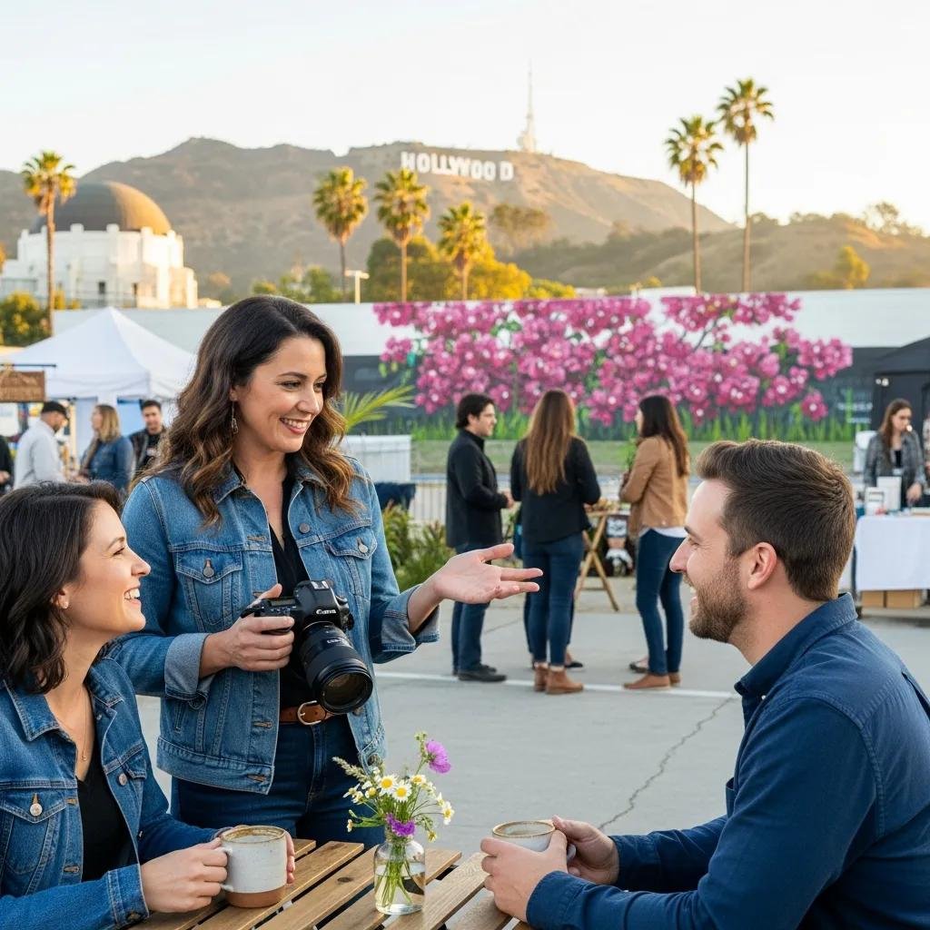 Local event photographer interacting with clients in a picturesque Los Angeles setting